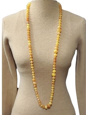 Vtg. Yellow Lucite Faux Amber Beaded Long Necklace